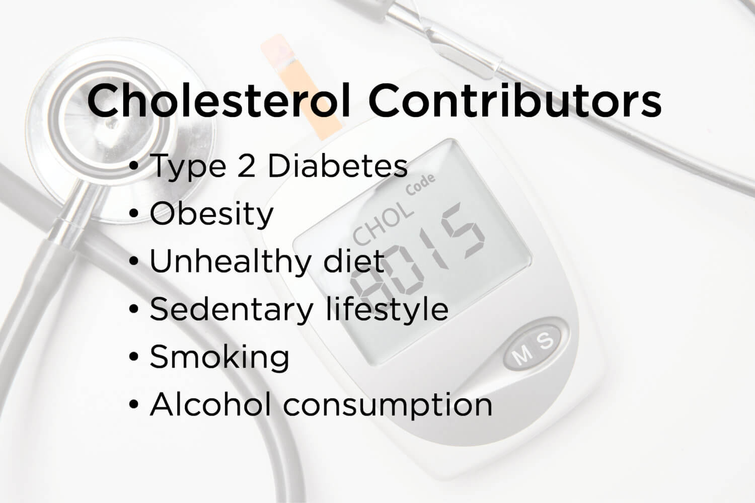 Lista de factores que contribuyen al colesterol alto sobre la imagen del medidor de colesterol y estetoscopio